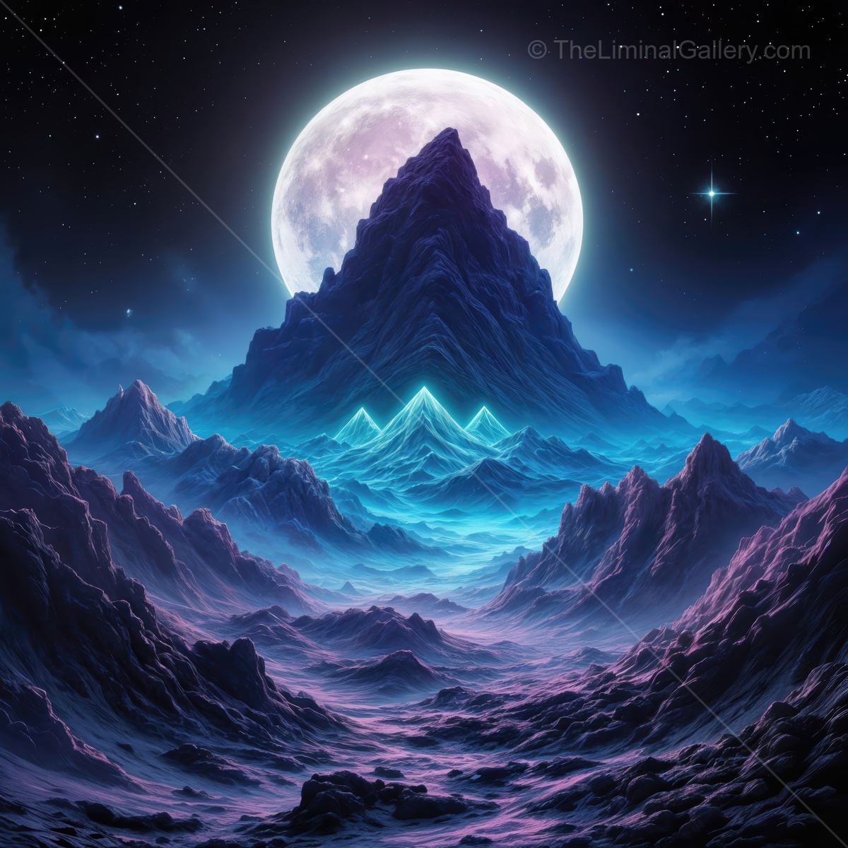 Mysterious mountain landscape under a shining moon in a vibrant twilight setting