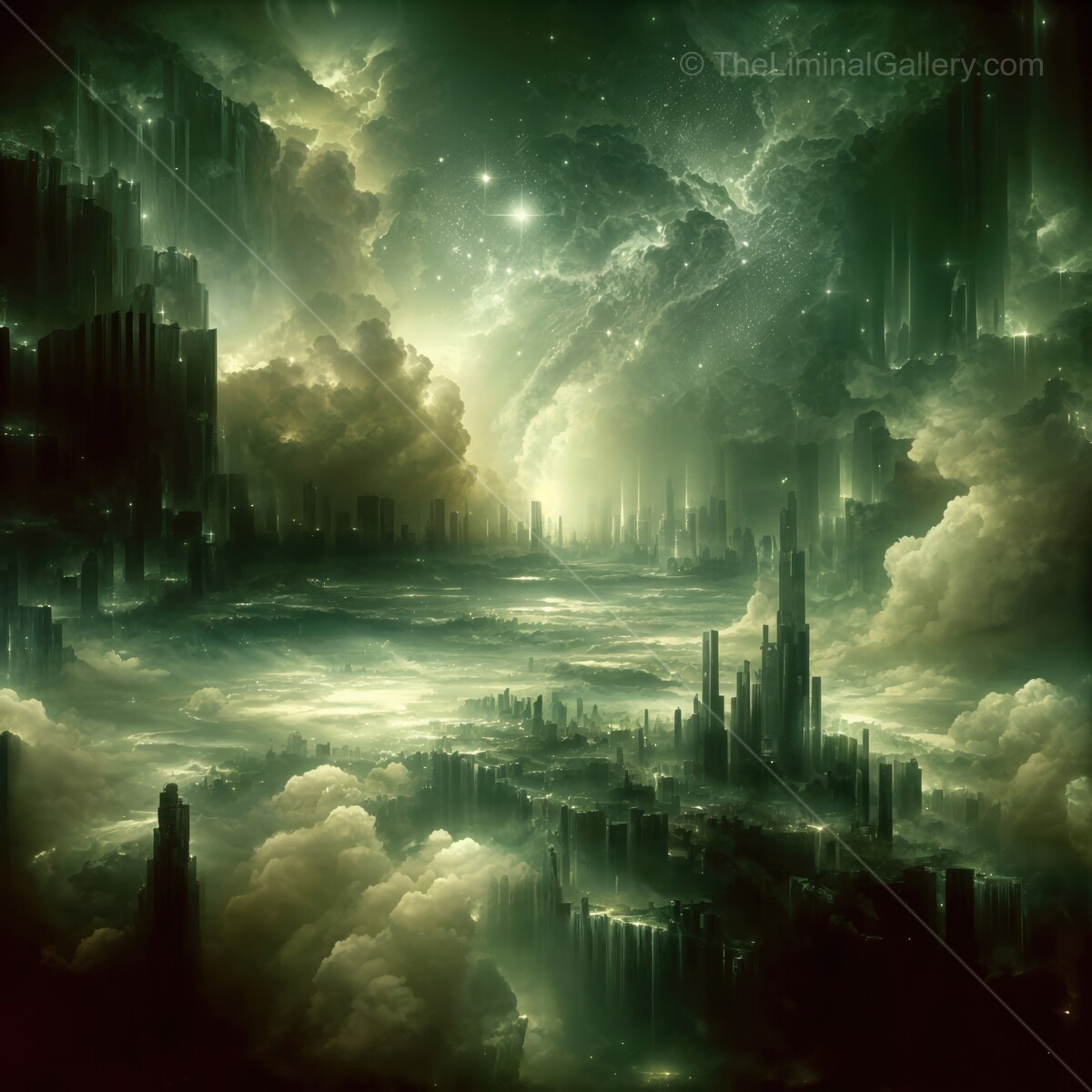 Mystical landscape of floating cities under a starry green sky at twilight