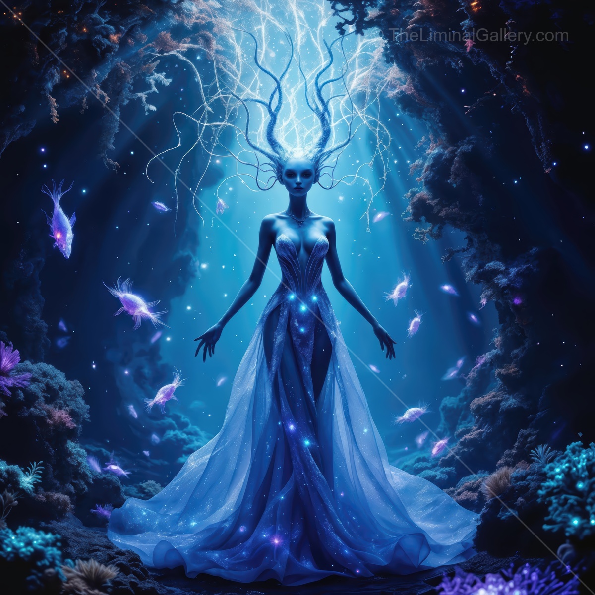 Enigmatic being of light emerges in ocean depths, dancing with energy and beauty