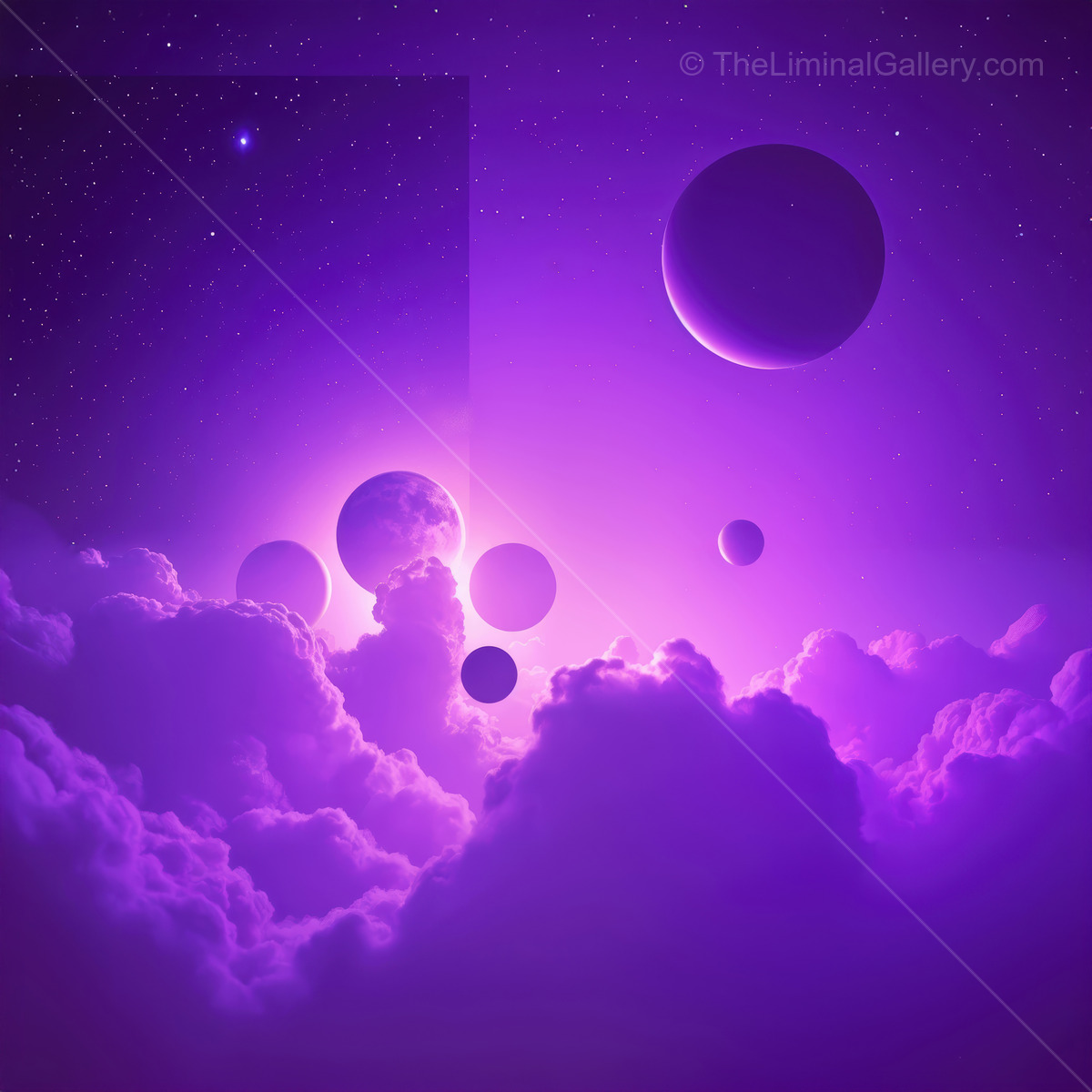 Vivid cosmic scene with multiple planets shining above purple clouds in a magical universe at twilight