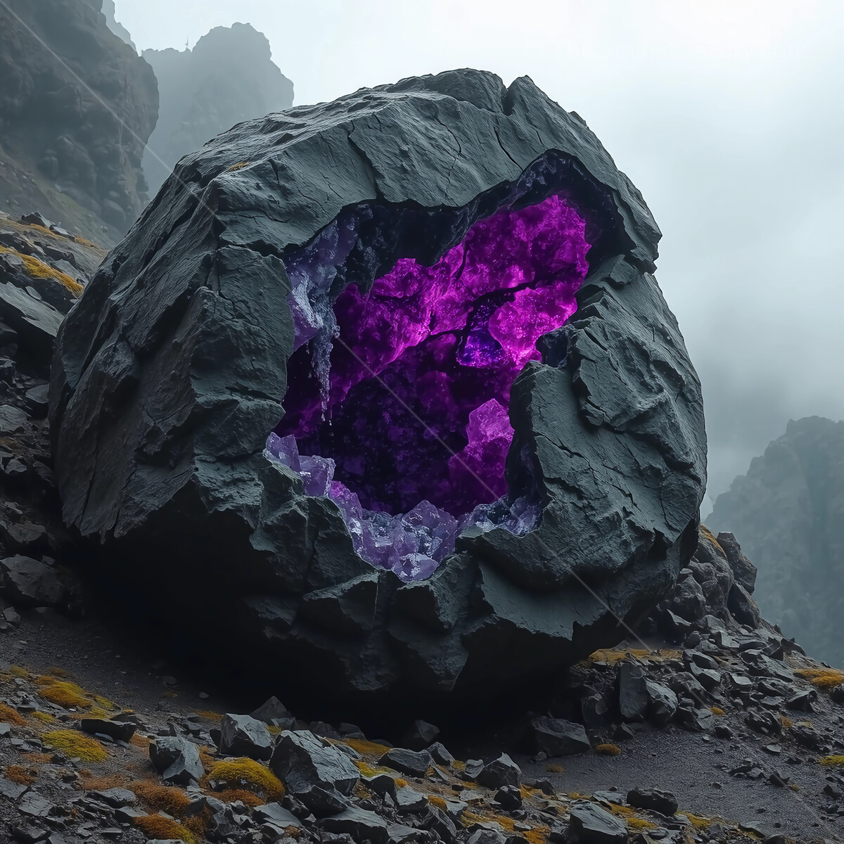 Mystical rock formation reveals vibrant amethyst crystal within mysterious mountain landscape
