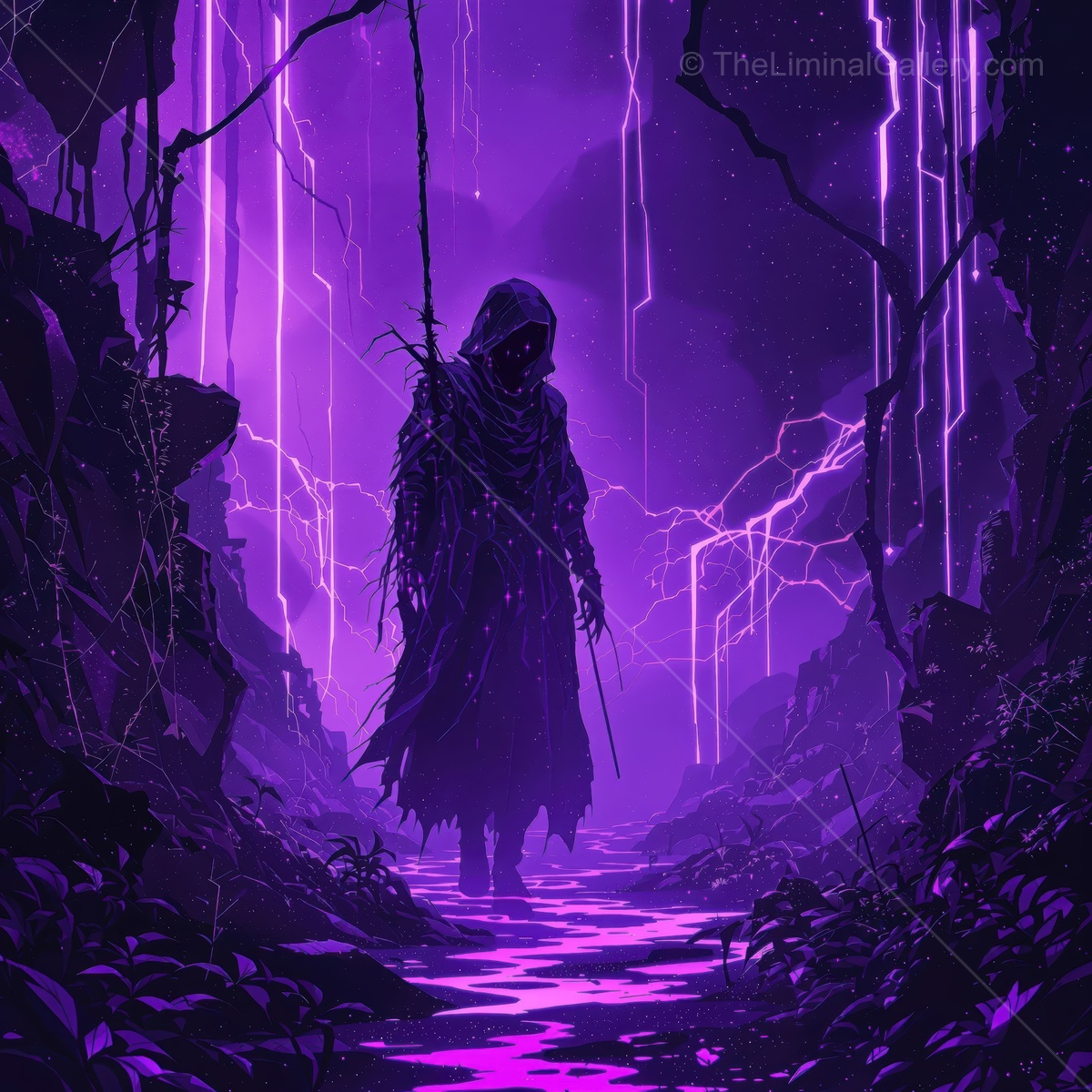 Mysterious figure walks through a glowing purple landscape during a storm in a futuristic realm