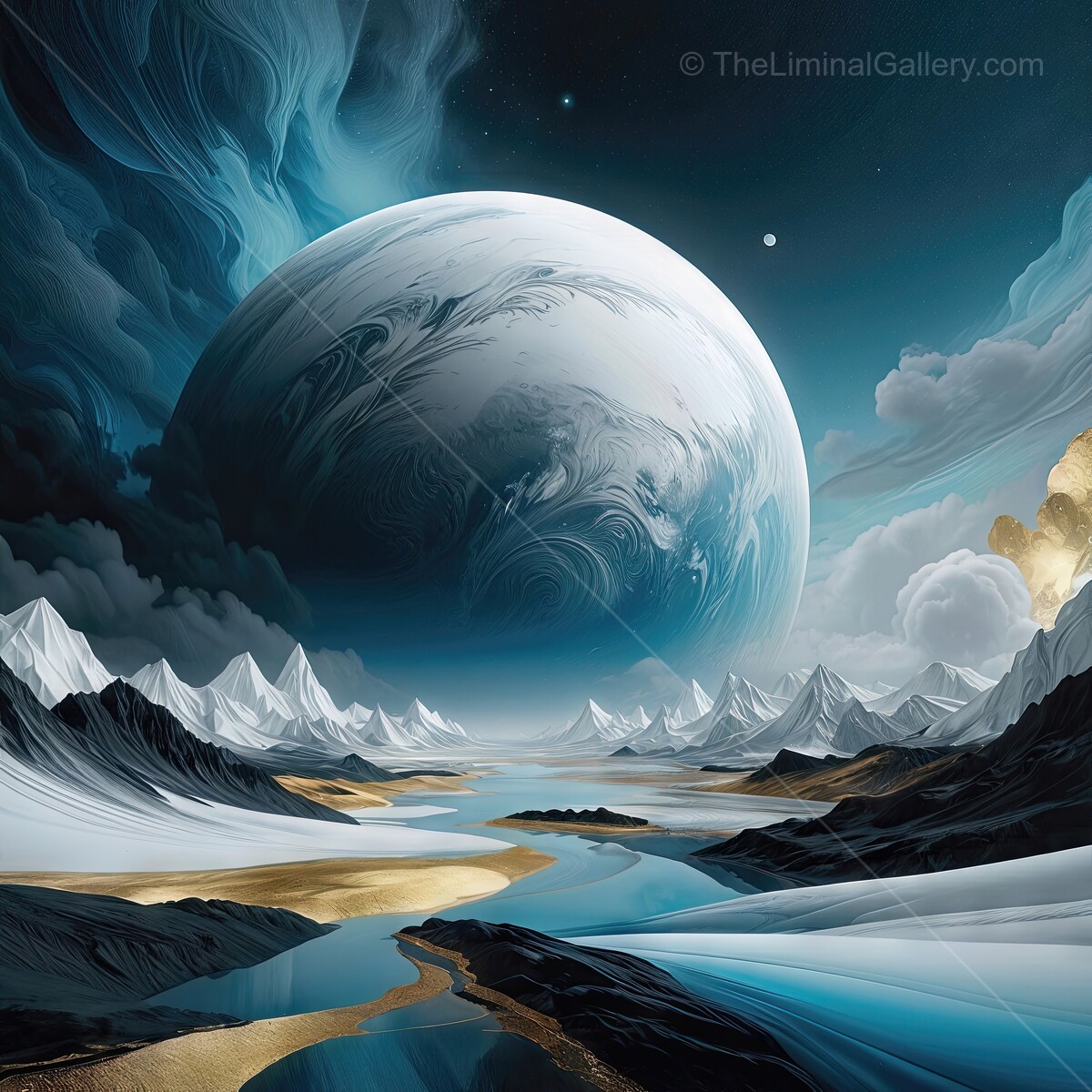 Majestic cosmic landscape with a brilliant planet and serene river under ethereal clouds