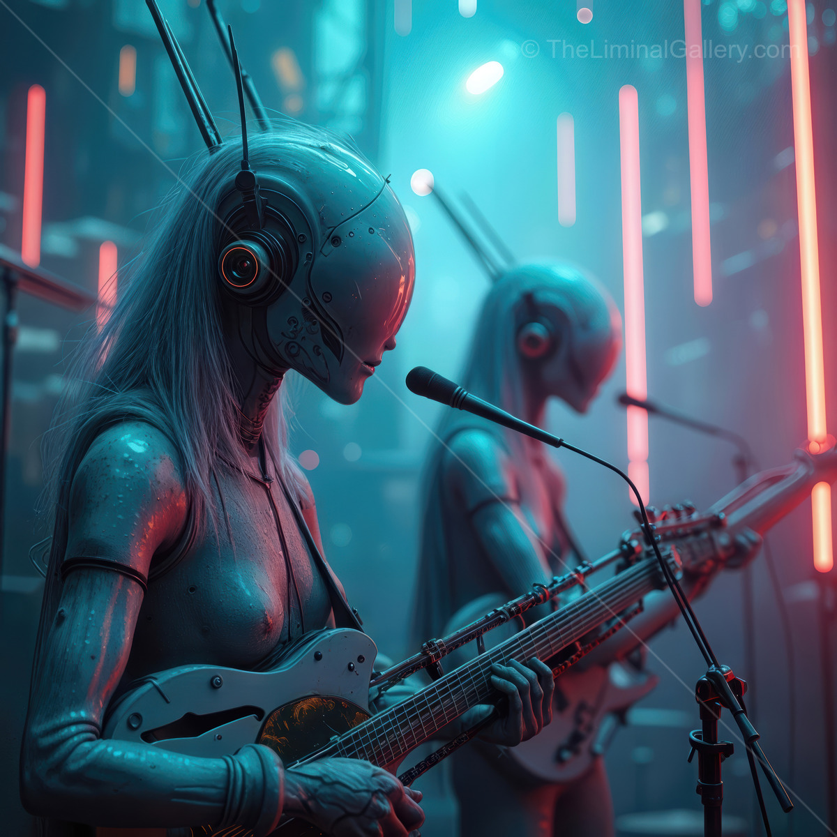 Robotic musicians perform in a neon-lit sci-fi cityscape at night