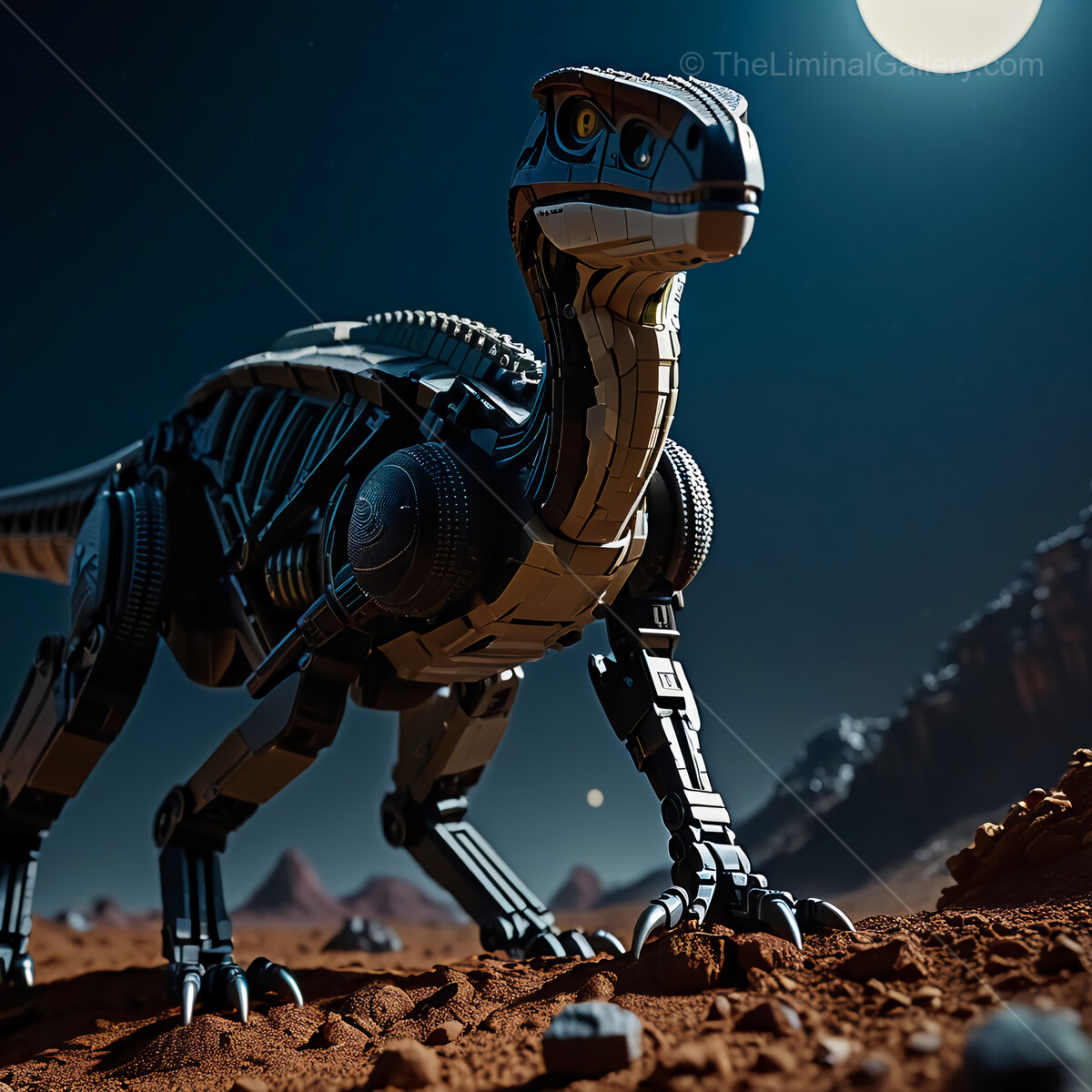 Robotic dinosaur explores the barren landscape of a distant planet under a bright moonlight