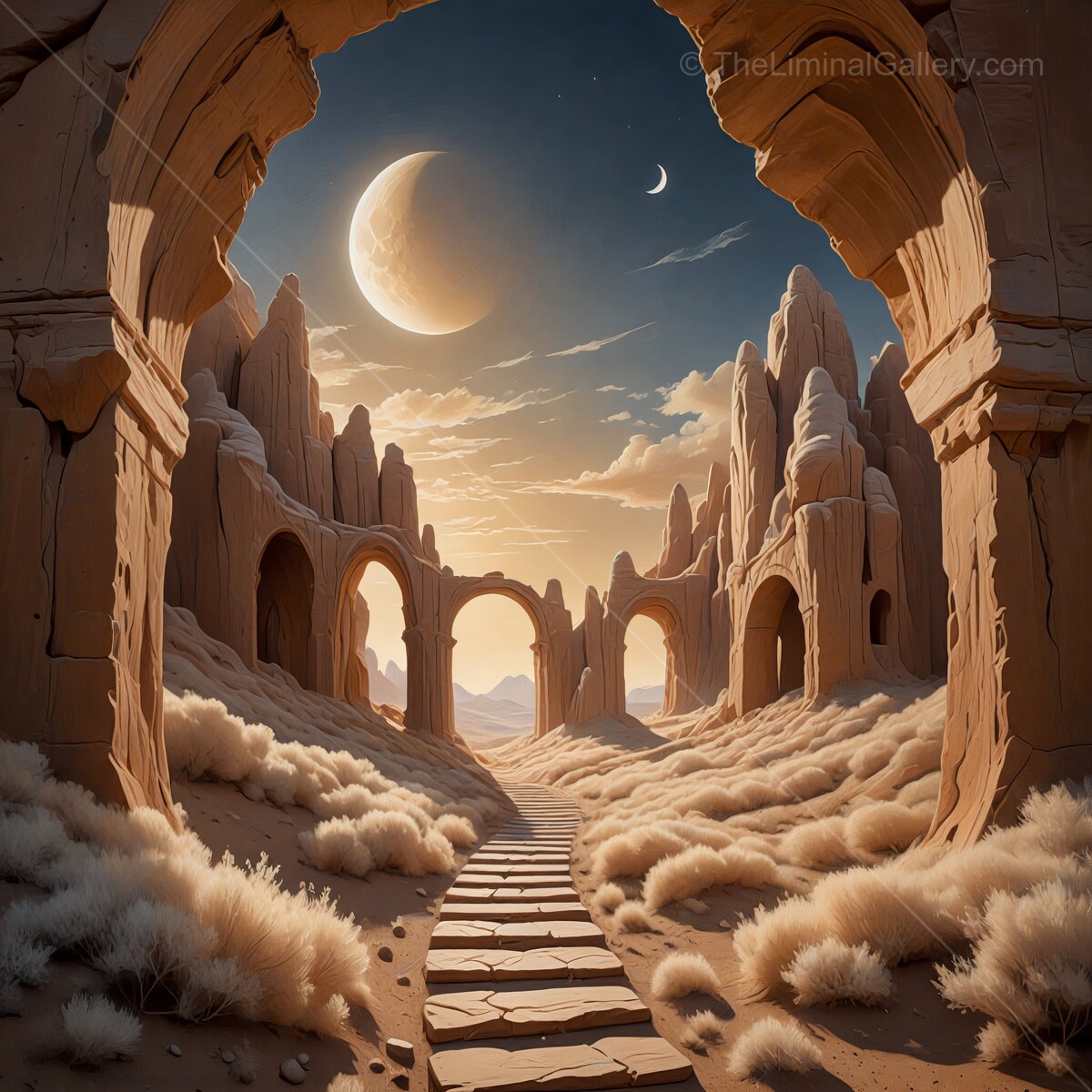 Elaborate sandstone arches frame a surreal landscape under a crescent moon