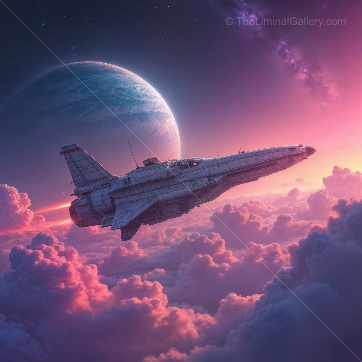 Exploring colorful clouds in a distant galaxy with a futuristic spacecraft under a vibrant cosmic sky