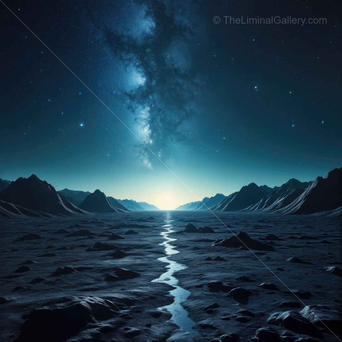 Vast alien landscape under a starry night sky with glowing river on distant horizon