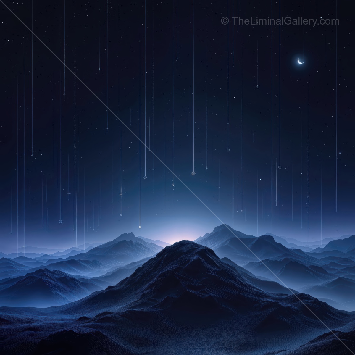 Stars cascade over distant mountains in a mysterious sci-fi landscape during twilight