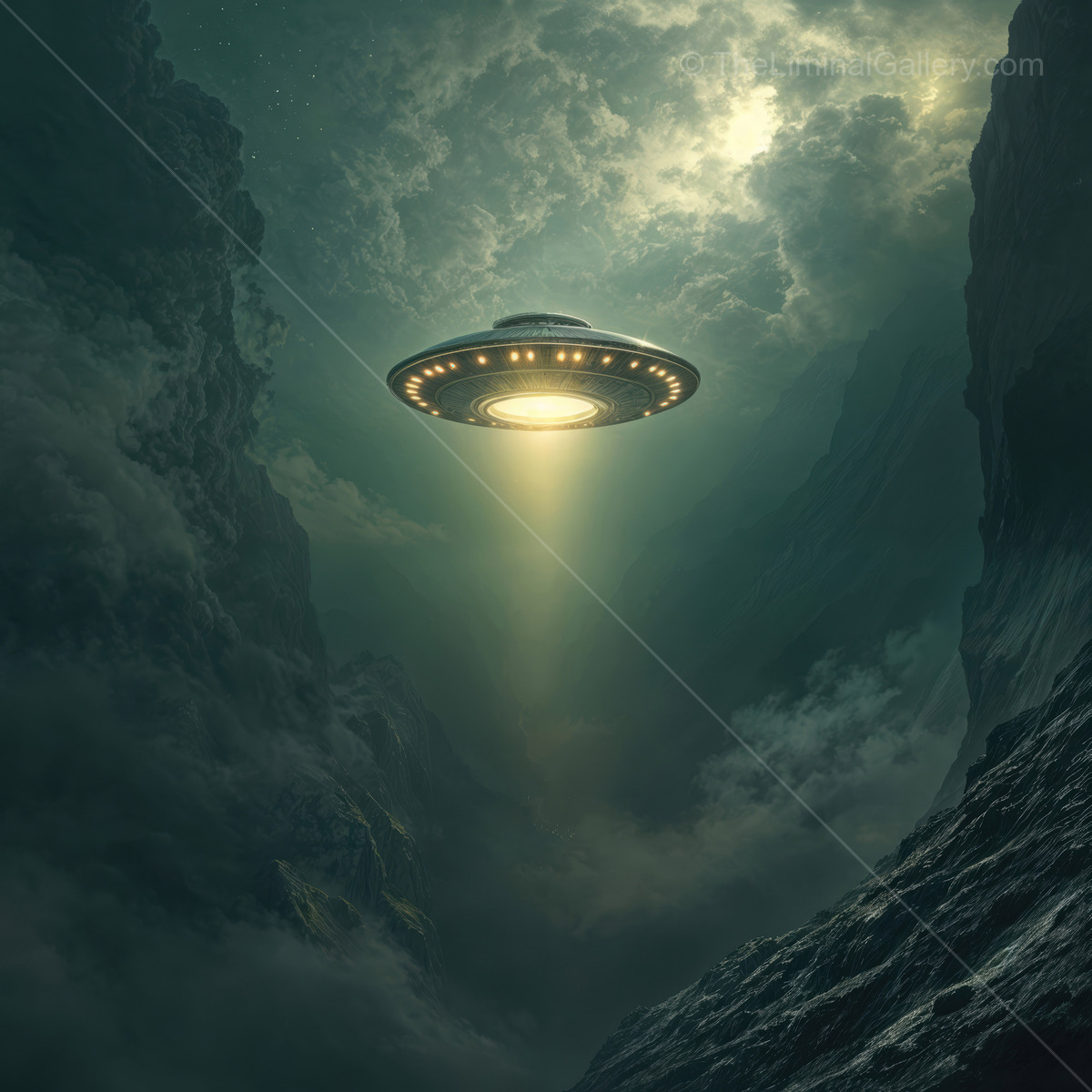 Enigmatic spacecraft hovers above a shadowy canyon under a stormy sky in a distant galaxy