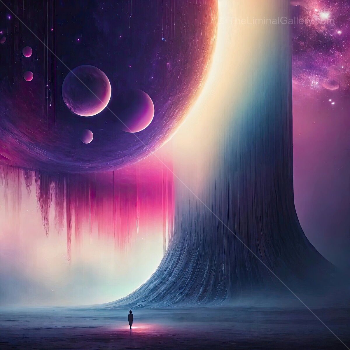 Exploring a surreal cosmic landscape where towering trees touch the stars in an ethereal glow