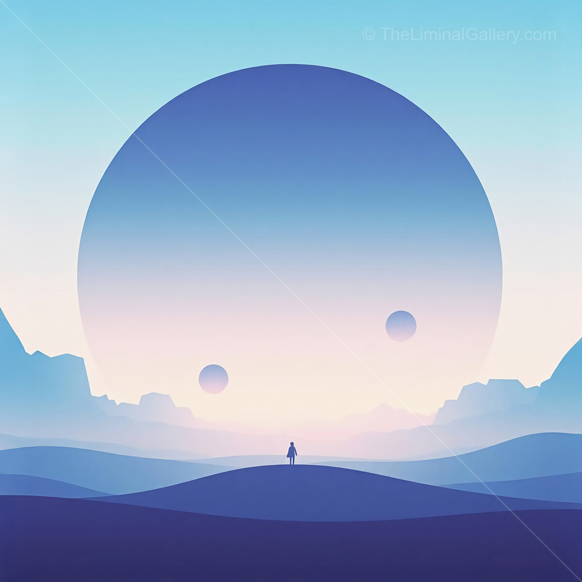 Exploring a surreal landscape under giant celestial bodies at dawn's early light