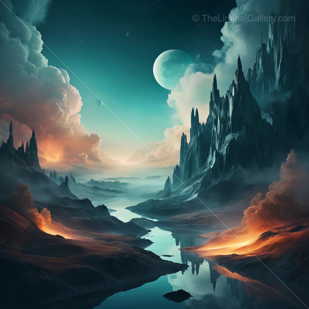 Mystical landscape with swirling clouds, glowing rivers, and otherworldly mountains at dusk