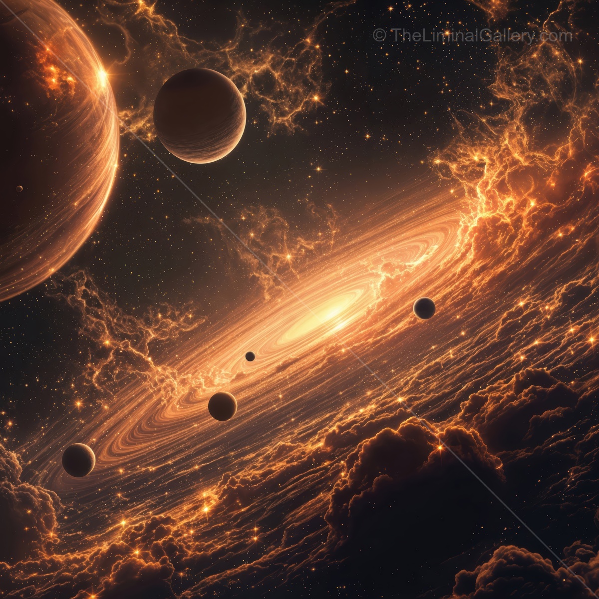 Vivid cosmic tapestry showcases swirling galaxies and distant planets in a vibrant scene representing the wonders of the universe