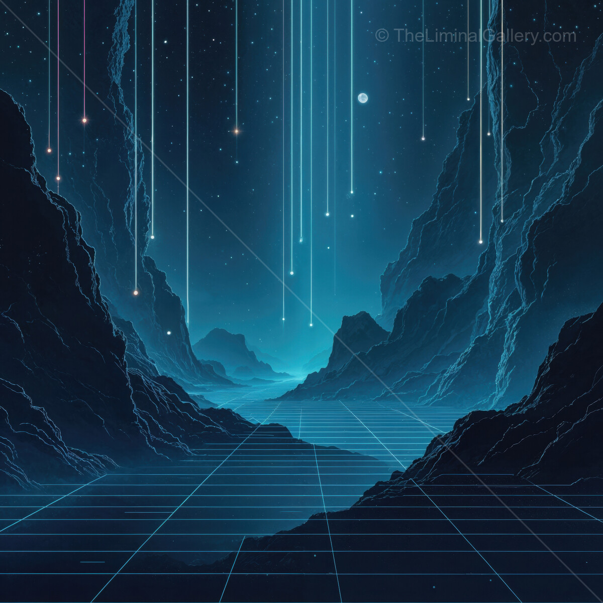 Explore a surreal synthwave landscape where luminous stars fall through an ethereal canyon at twilight