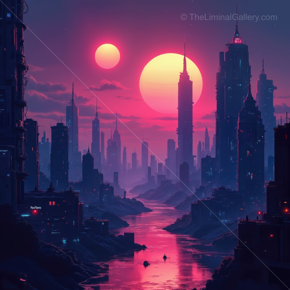 Majestic cityscape at twilight with dual suns illuminating futuristic skyline