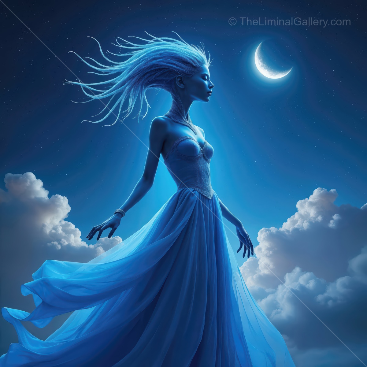 Mysterious figure standing in a celestial realm under a shimmering moon in a vibrant night sky