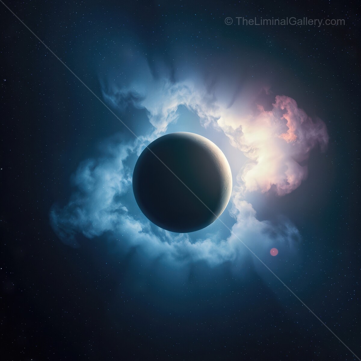 Celestial wonders unveil a dark planet surrounded by cosmic clouds in a mesmerizing twilight universe