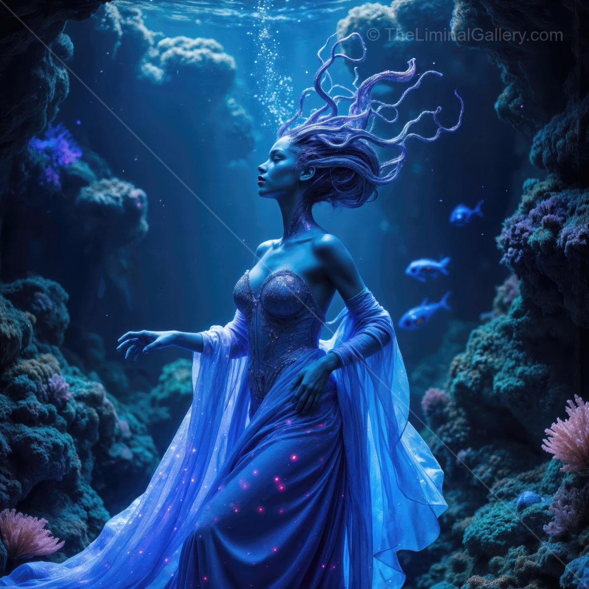 Underwater enchantress exploring a vibrant ocean realm filled with colorful corals and mystical sea creatures