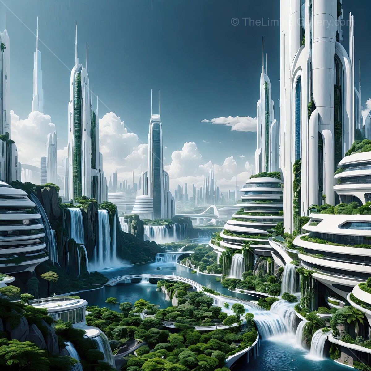 Futuristic cityscape with cascading waterfalls surrounded by towering skyscrapers and lush greenery in a serene setting