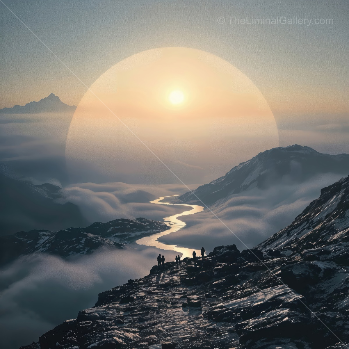 Journey through a mystical valley under a giant sun at dawn surrounded by ancient mountains and fog