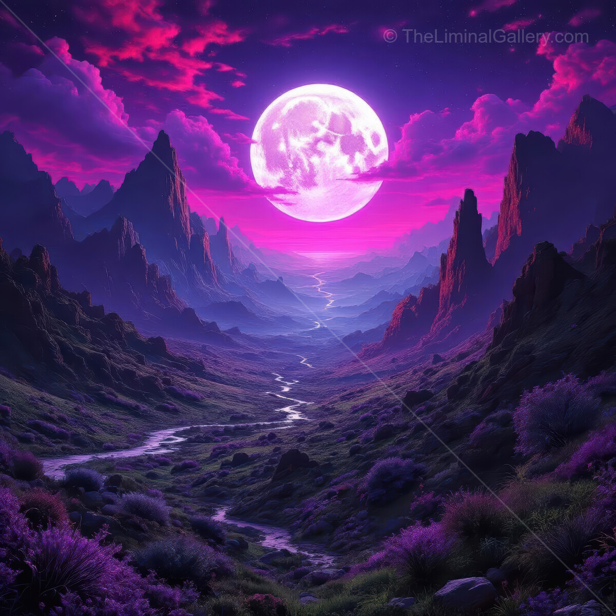 Majestic moonrise illuminates a vibrant valley under sweeping purple skies