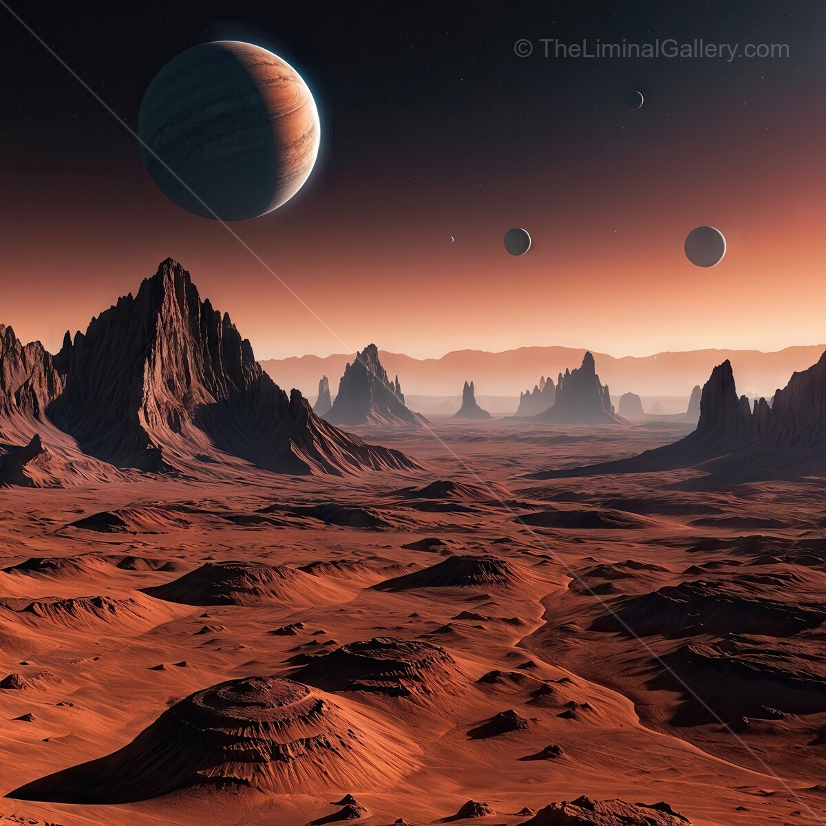 Vast alien landscape with towering mountains and celestial bodies illuminating the twilight sky
