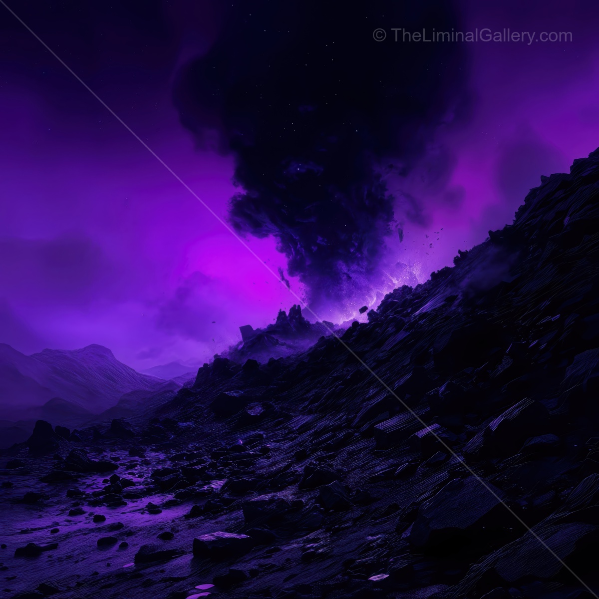 Violet energy surges from the dark mountains in a distant sci-fi realm under a star-filled sky