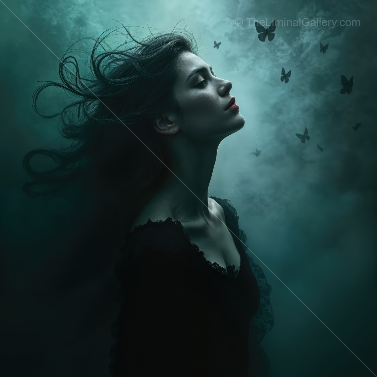 Woman framed by dusky haze with hair in motion as butterflies spiral around her in quiet ascent