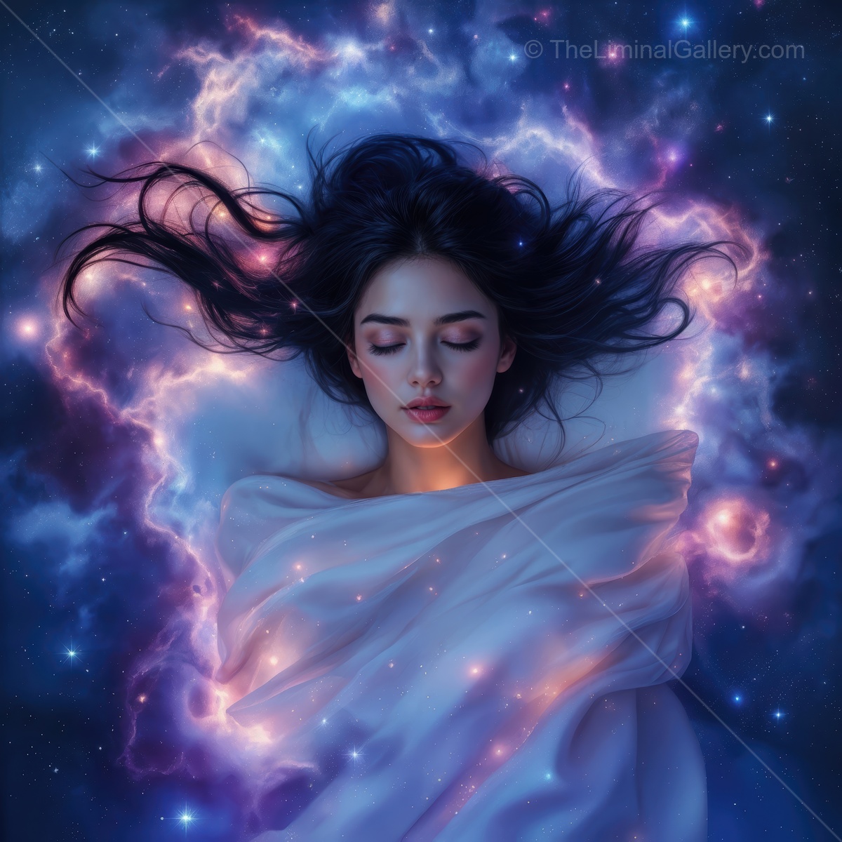 Woman lies wrapped in blankets as cosmic color and star dust drift above, eyes calm in the glow