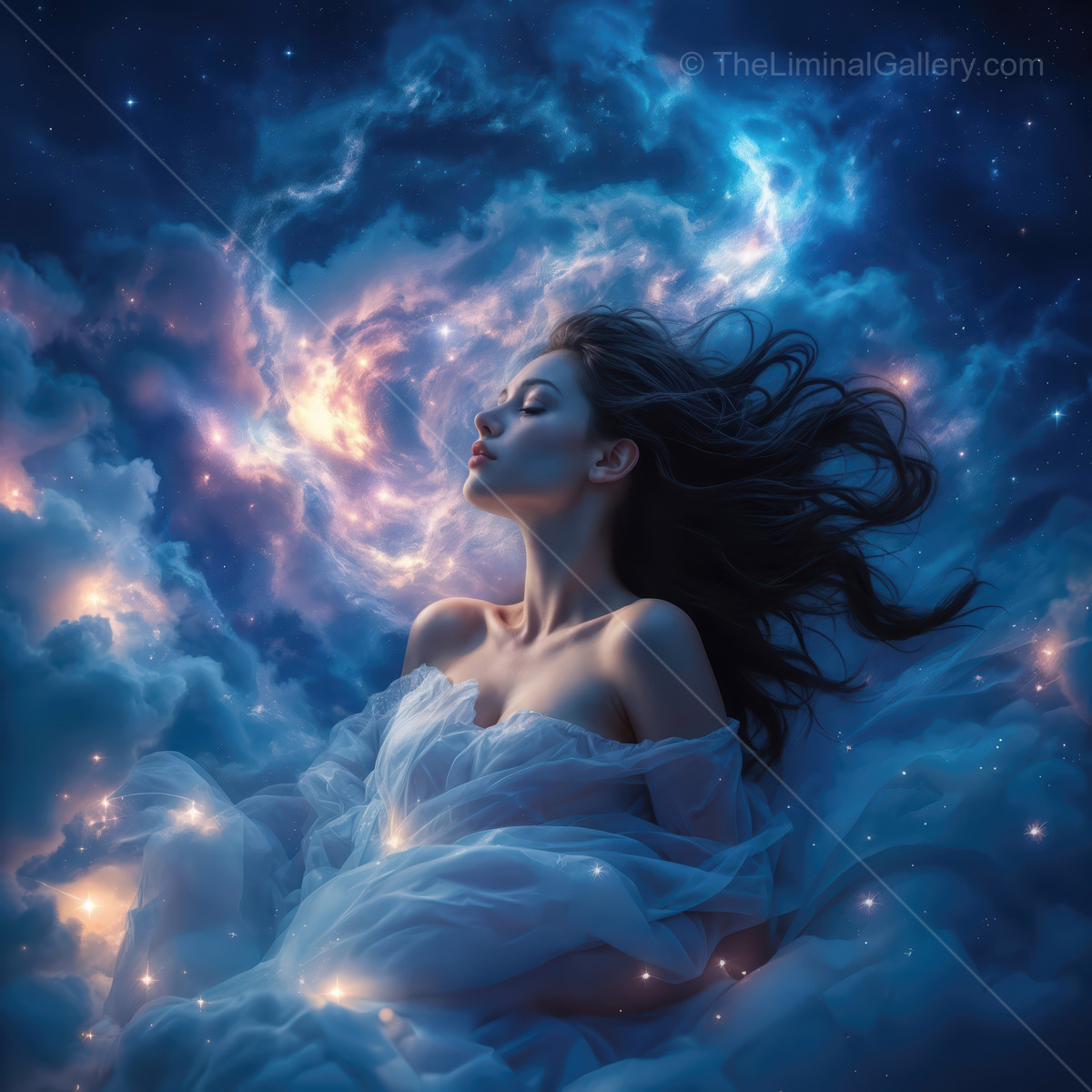 Woman drifts through deep blue clouds and star fields, sheer fabric and hair trailing in violet starlight