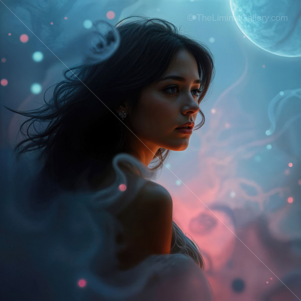 Ethereal beauty emerges from mystical fog under a glowing moonlit sky