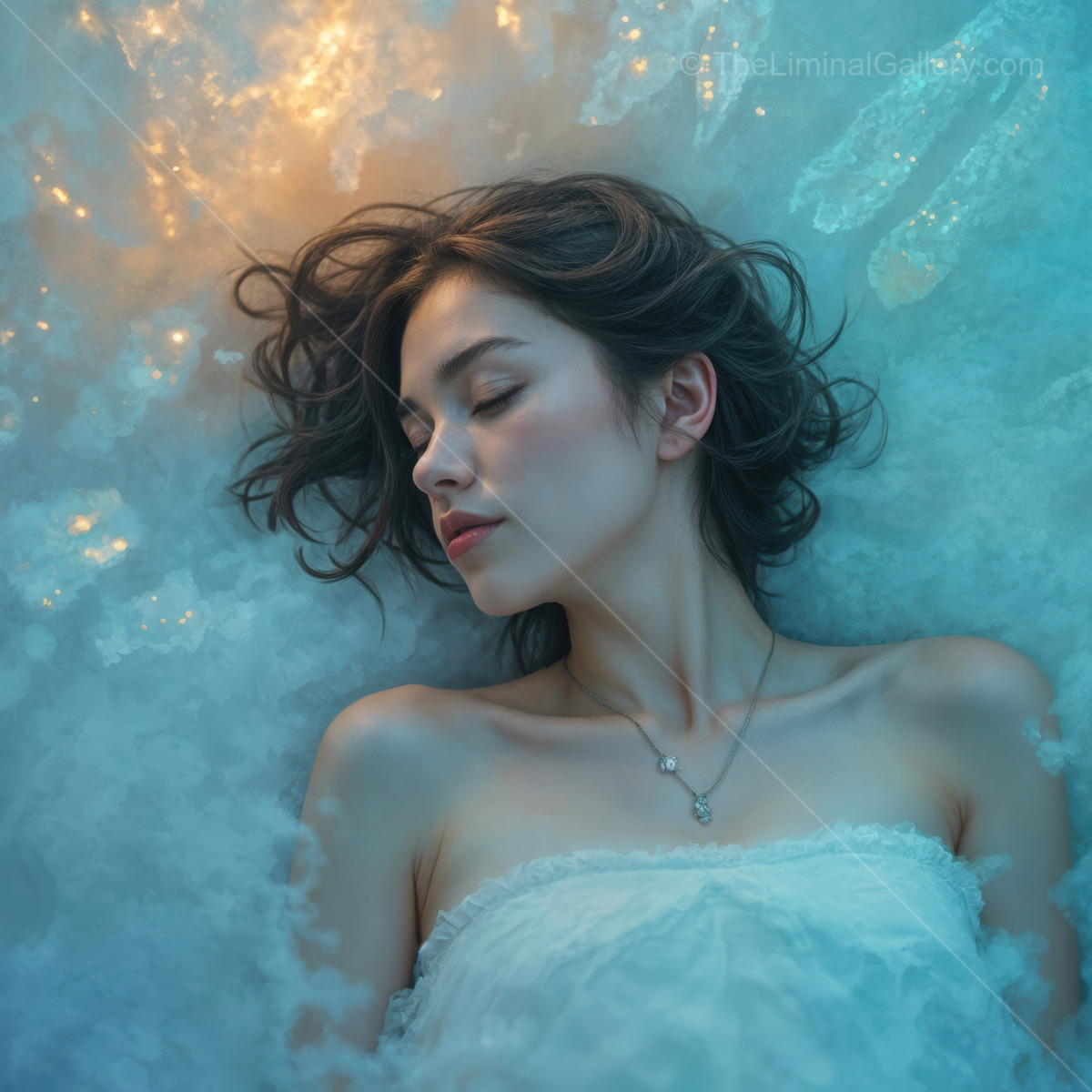 Ethereal dreamscape with a serene figure surrounded by soft mist and shimmering lights