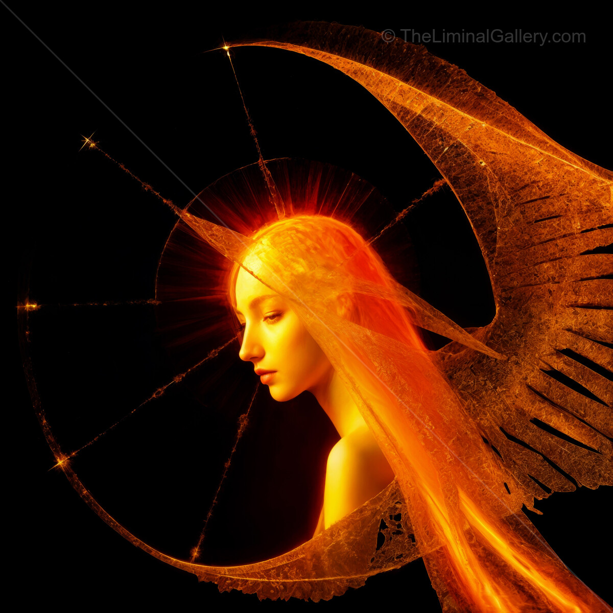 Ethereal angel with luminous wings radiates warmth in a mystical realm at twilight