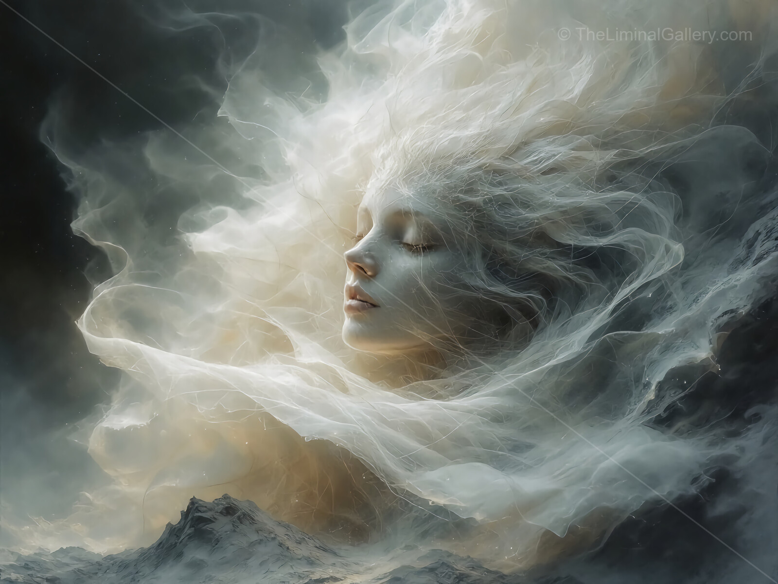 Ethereal beauty emerges from swirling clouds, capturing the essence of dreams and imagination in a mystical landscape