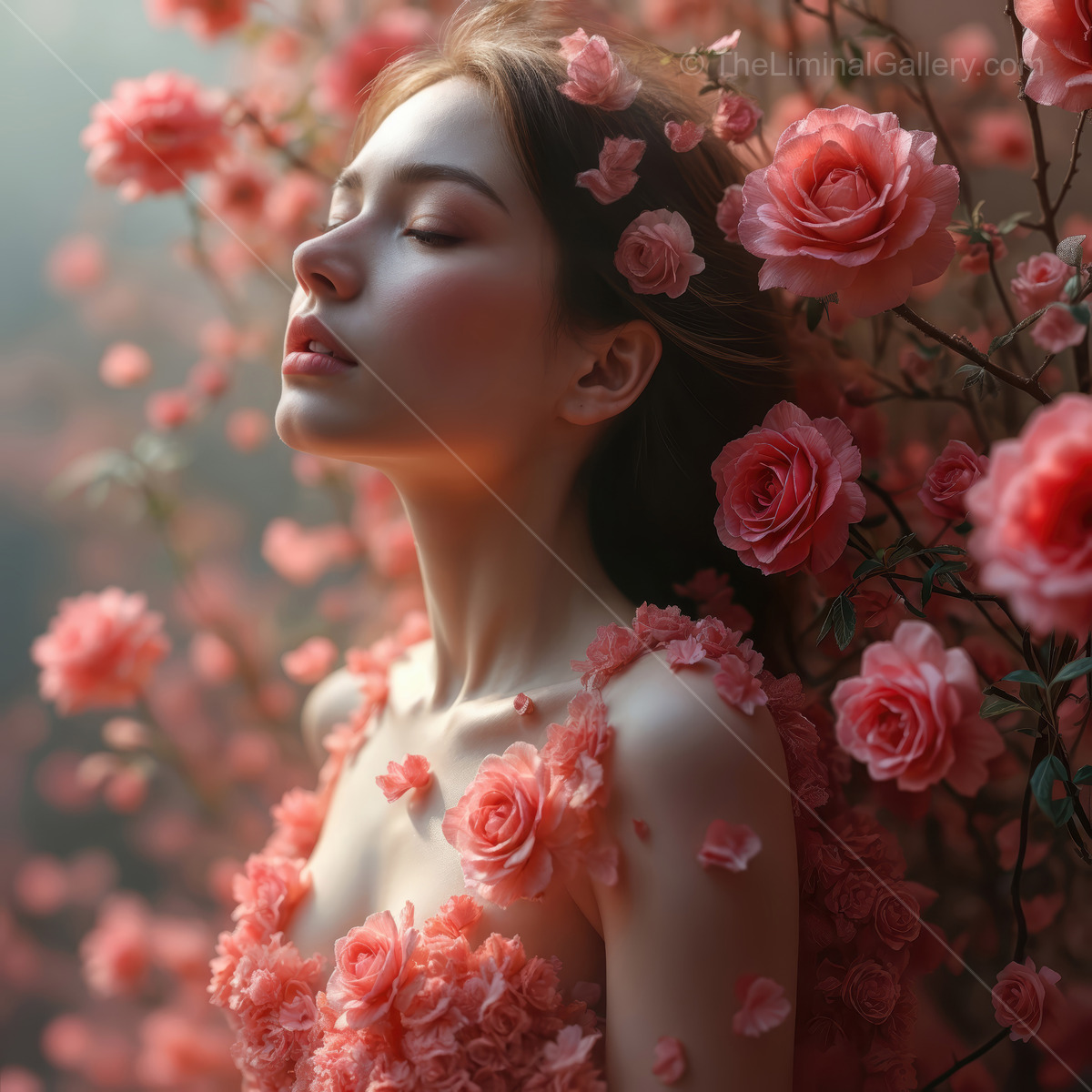 Elegance and beauty in a floral dreamscape with a serene model surrounded by pink roses