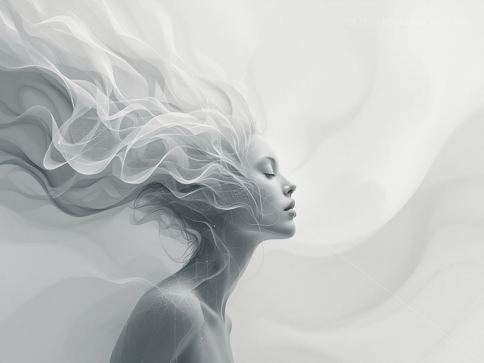 Ethereal beauty emerges in a dreamlike composition of flowing textures and graceful forms