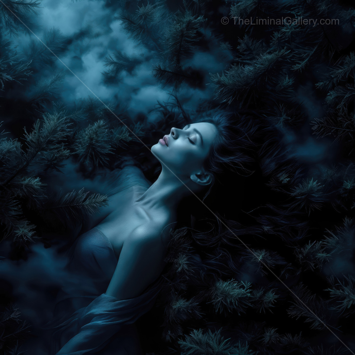 Woman reclines amid forest fog at dusk, foliage framing her calm face as dim light feathers the scene