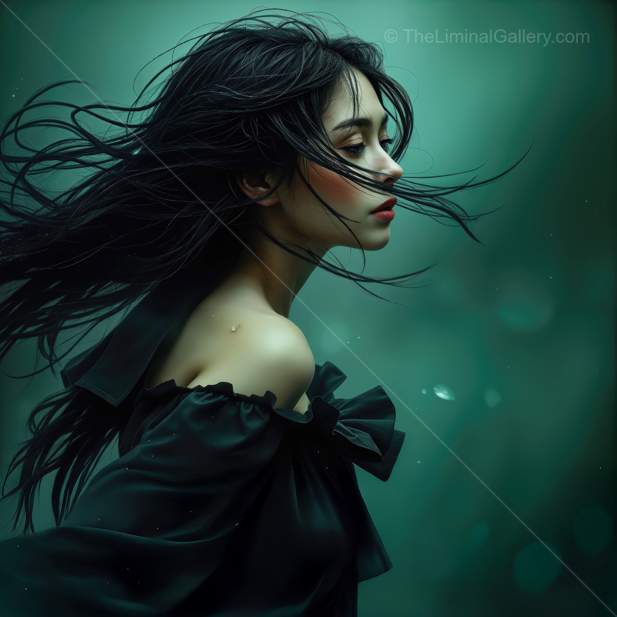 Captivating beauty dances through a mystical green glow in an enchanting portrait of grace and elegance