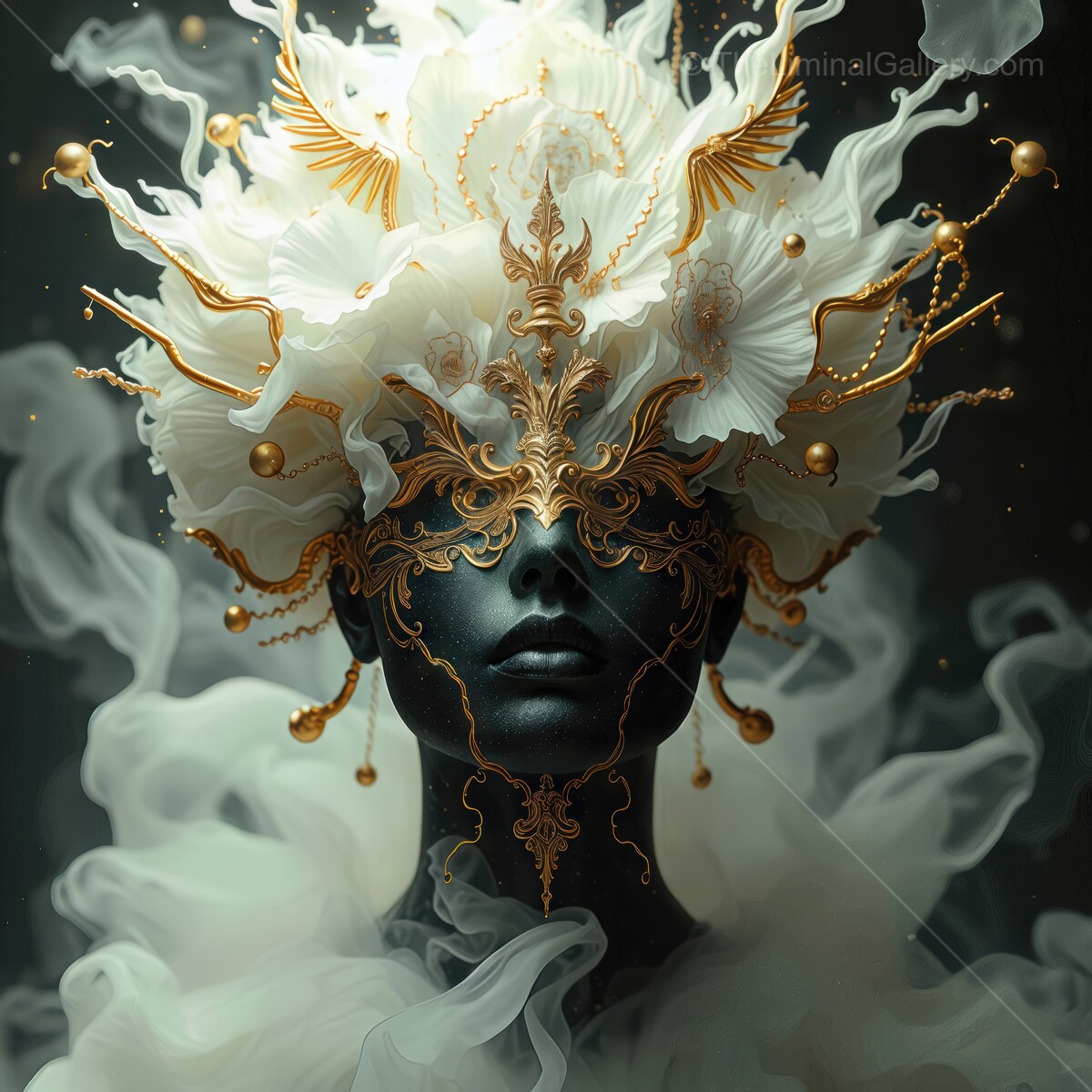 Majestic figure adorned with ethereal headpiece and cloud-like elements in a mystical ambiance