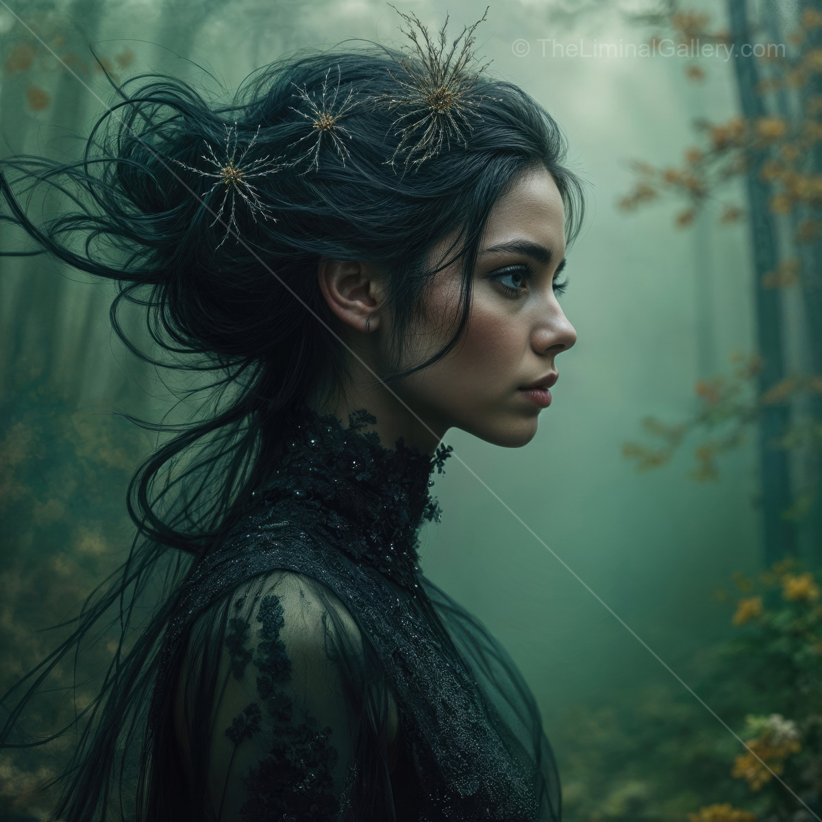 Woman with twig-like hair adornments stands in a misty forest, dark outfit set against leaf-strewn ground