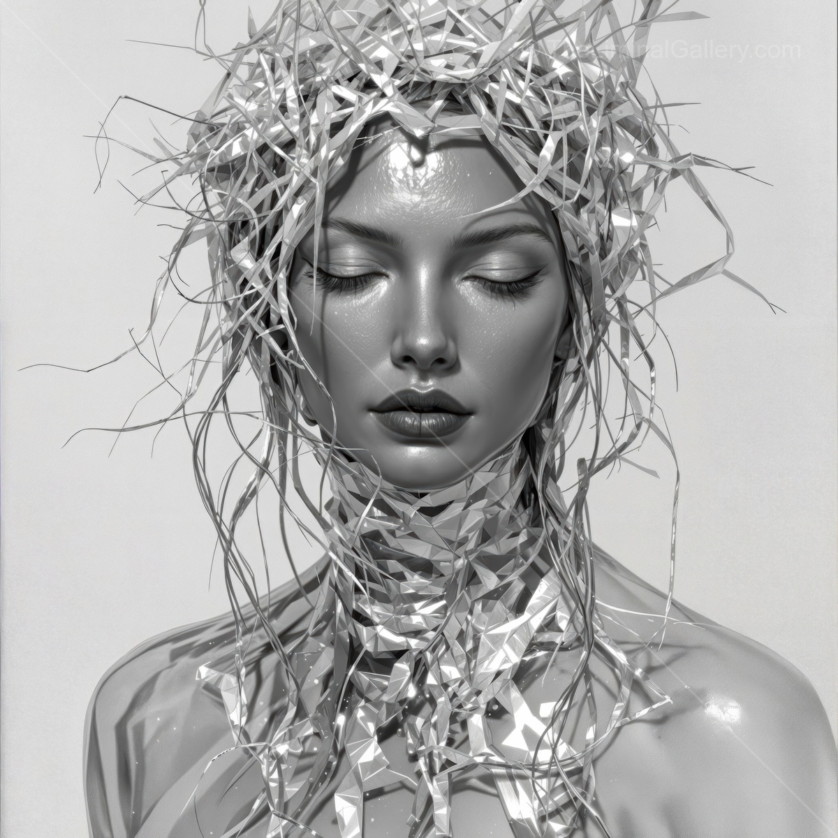Artistic portrayal of a stunning model adorned with metallic elements and intricate hairstyles in a monochrome setting