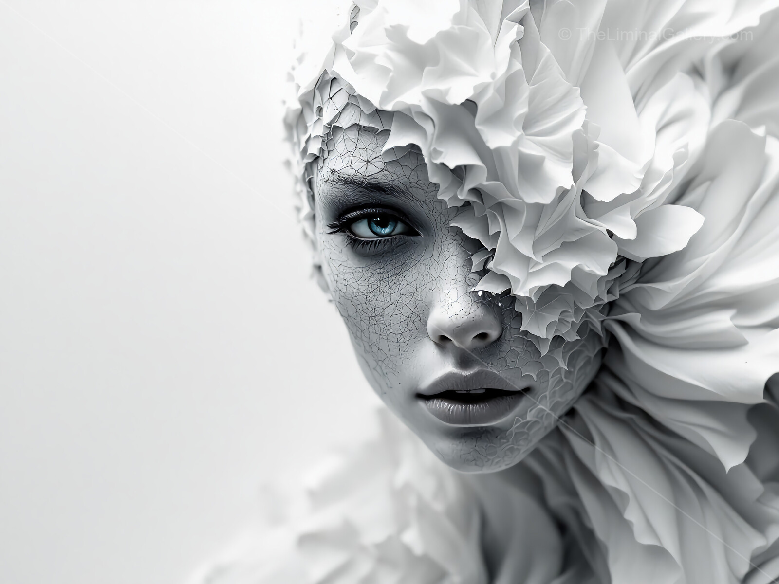 Mystical figure with intricate white textures and striking eyes in a dreamlike setting