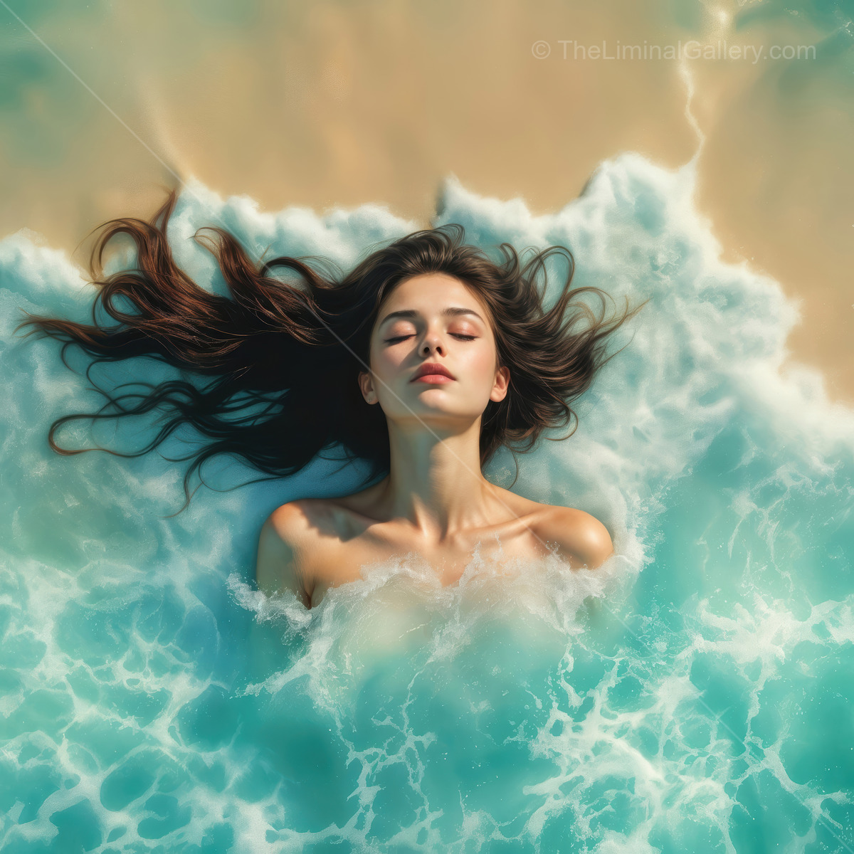 Ocean waves surround a serene woman soaking in tranquility under the sun near a sandy beach