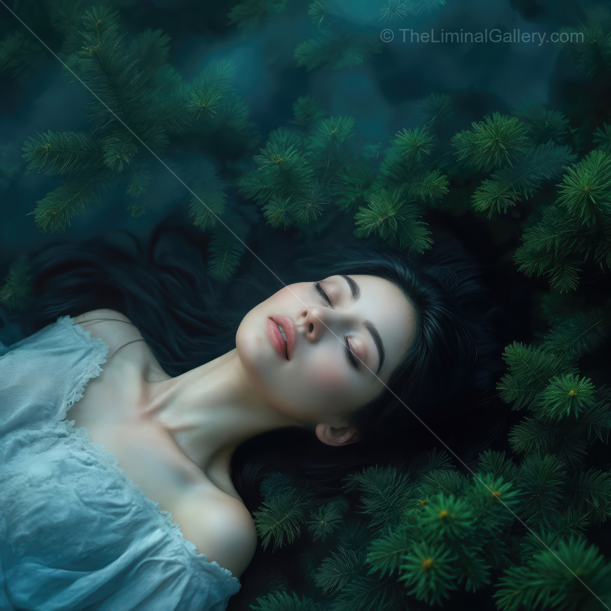 Woman lies among pine boughs as soft light sifts through, dark hair blending into the green