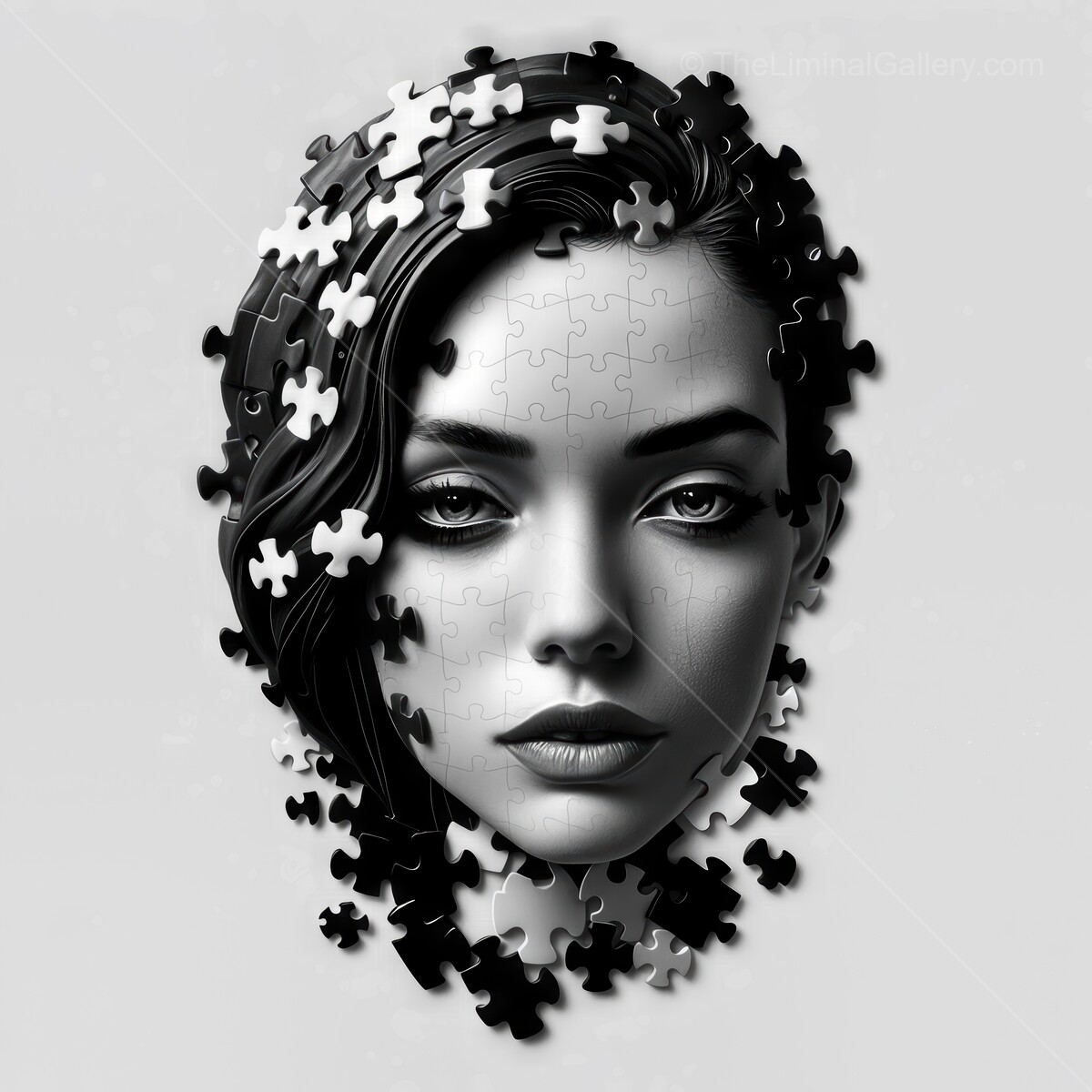 Puzzle pieces reveal a mysterious woman's face in a contemporary art piece