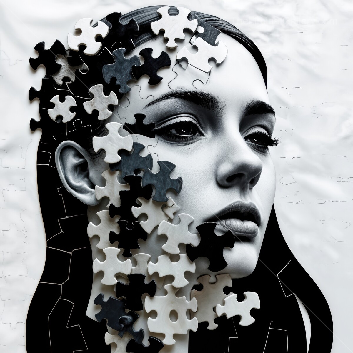 Mysterious puzzle woman revealing the complexities of identity in a black and white artistic expression
