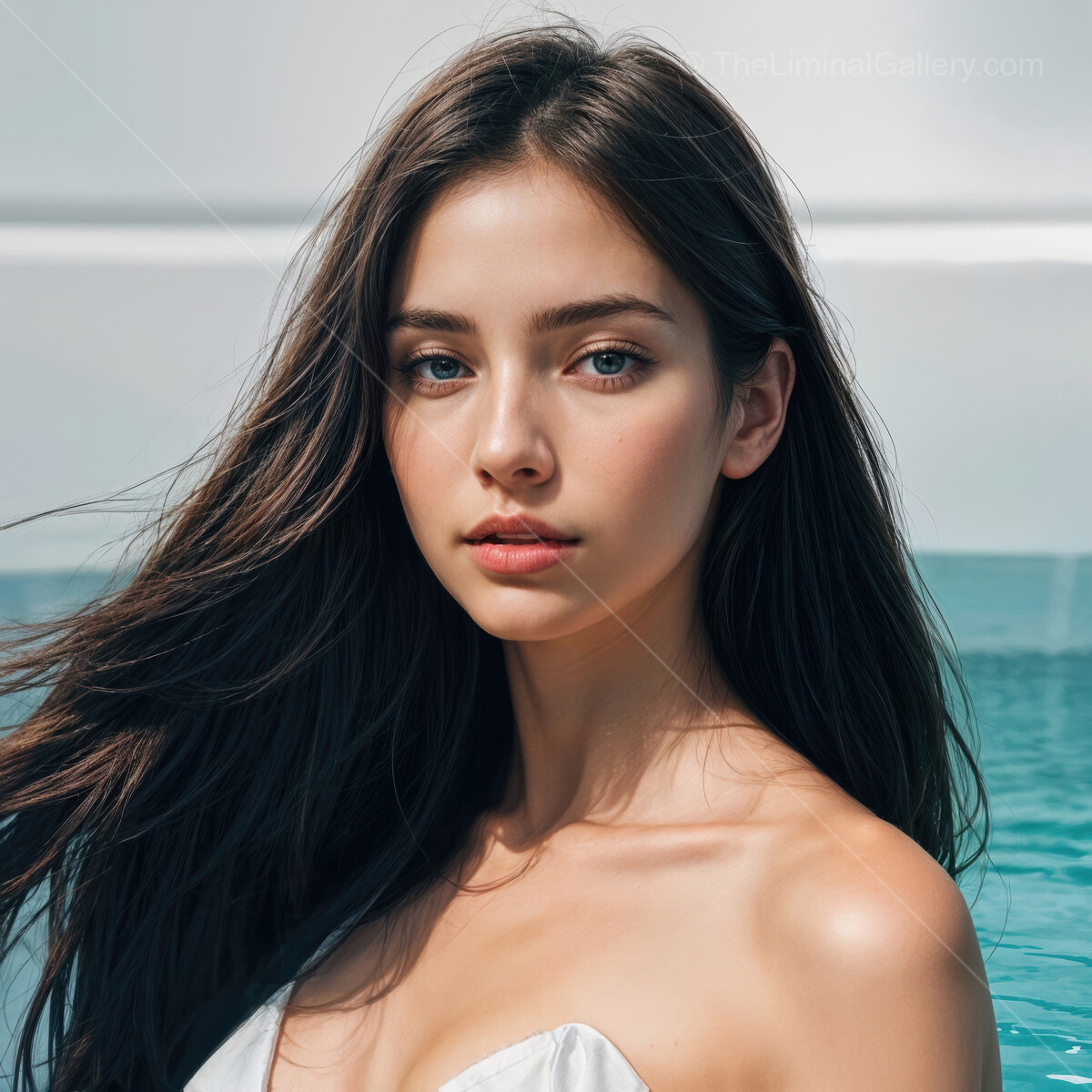 Radiant beauty glows near tranquil water on a sunny day