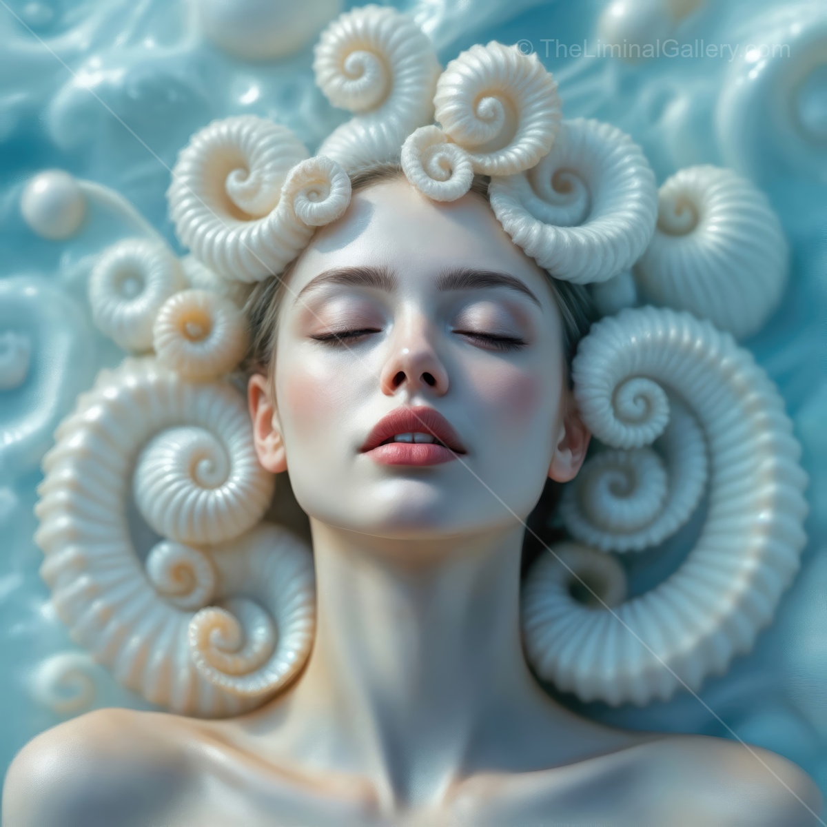 A serene woman with seashells in her hair floats peacefully in a turquoise pool of water, embodying the essence of nature's elegance and beauty