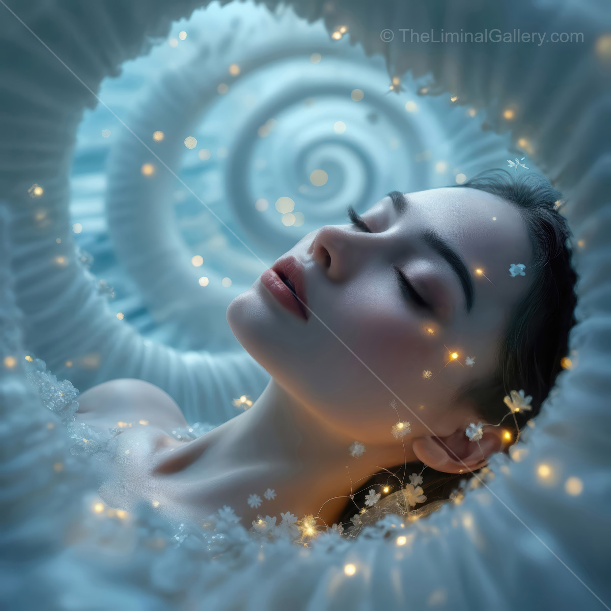 Serenity in a shell of dreams surrounded by glowing lights and delicate flowers at twilight